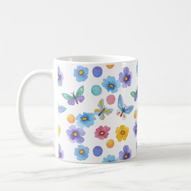 Caneca De Café Padrão de borboletas flores para crianças em aquar (Esquerda)