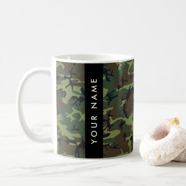 Caneca De Café Padrão de Camuflagem Verde, Seu nome, Personalizar (Com Donut)