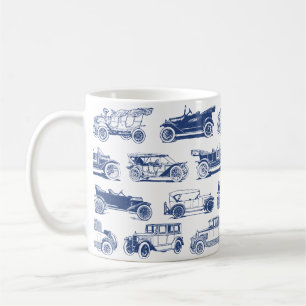 Caneca De Café Padrão de Carro vintage Branco Azul do Antigo Temp