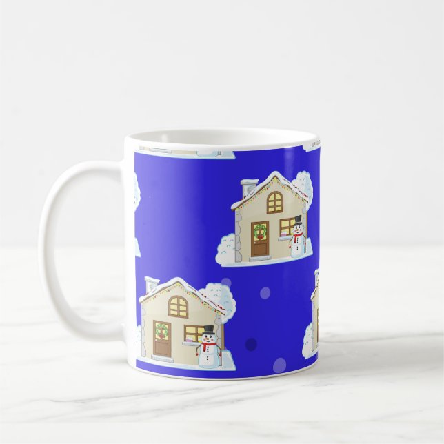 Caneca De Café Padrão de Casa de Natal - Fundo Azul  (Esquerda)