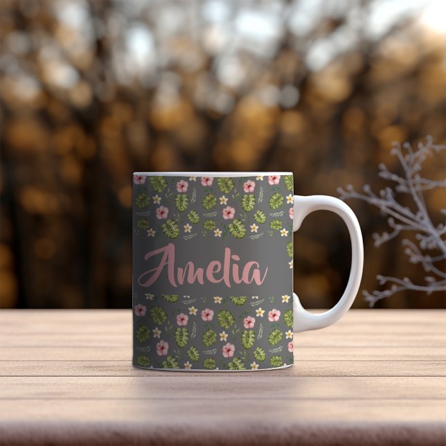 Caneca De Café Padrão de cinza rosa do jardim de aquarelas (Criador carregado)