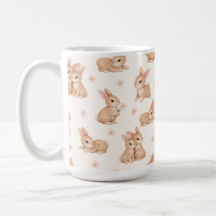 Caneca De Café Padrão de Coelhinhos e Flores em Aquarela Doce