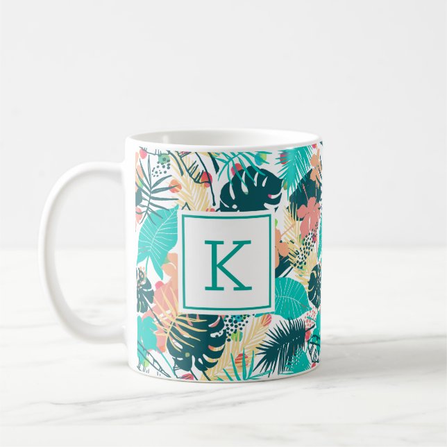 Caneca De Café Padrão de colagem de folhas e flores tropicais (Esquerda)