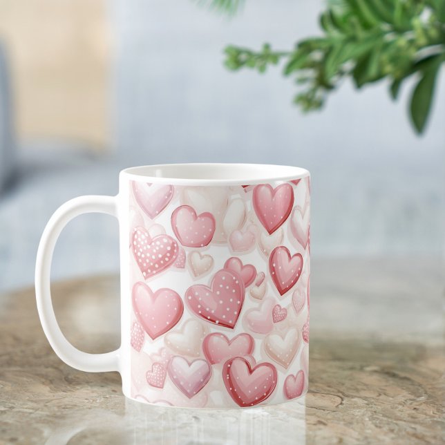 Caneca De Café Padrão de Coração com Bolinhas Rosa (Criador carregado)