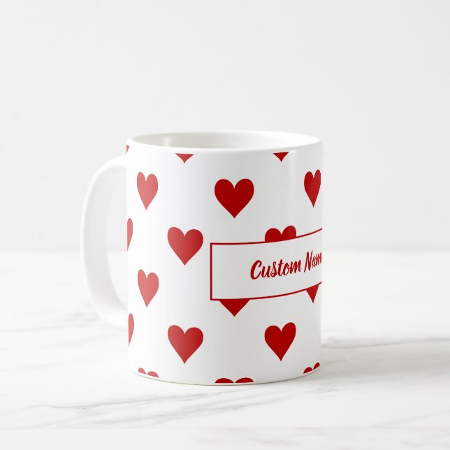 Caneca De Café Padrão de Corações e Nome Personalizável (Frente Esquerda)
