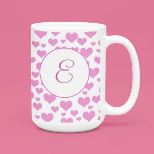 Caneca De Café Padrão de Corações Rosa Monograma Elegante Persona