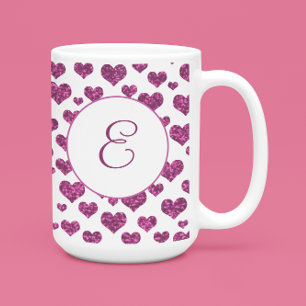 Caneca De Café Padrão de Corações Rosa Monograma Personalizado El