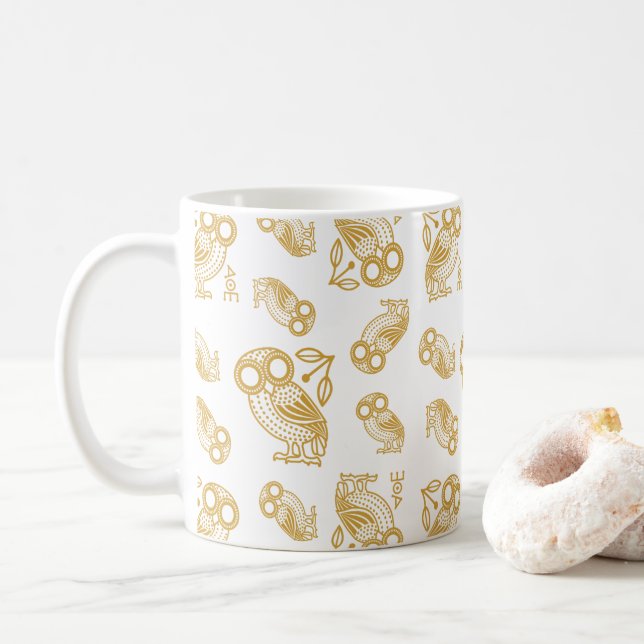 Caneca De Café Padrão de Coruja Ateniense Grega Antiga  (Com Donut)