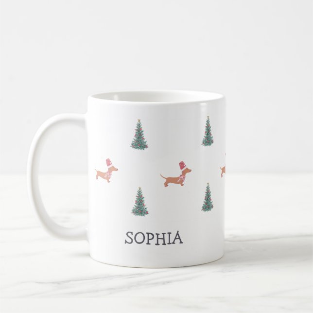 Caneca De Café Padrão de Dachshund de Árvore de Natal Moderna (Esquerda)