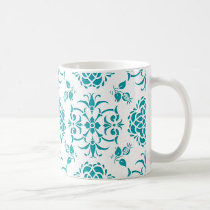 Caneca De Café Padrão de Damasco Floral Aquático e Branco