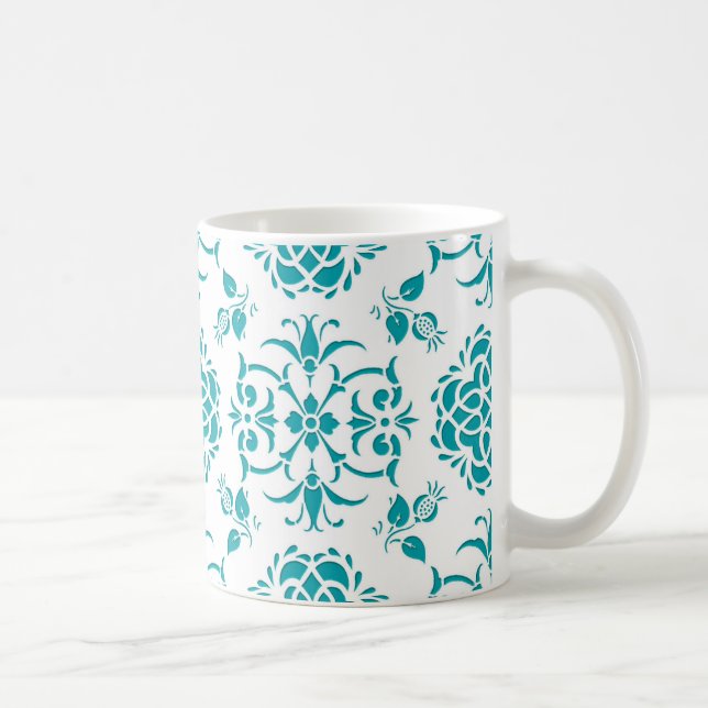 Caneca De Café Padrão de Damasco Floral Aquático e Branco (Direita)