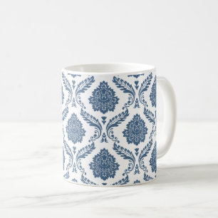 Caneca De Café Padrão de Damasco Rococó Azul sobre Branco