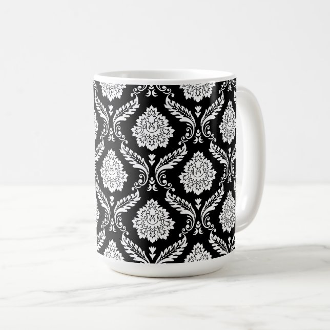 Caneca De Café Padrão de Damasco Rococó Branco no Preto (Frente Esquerda)