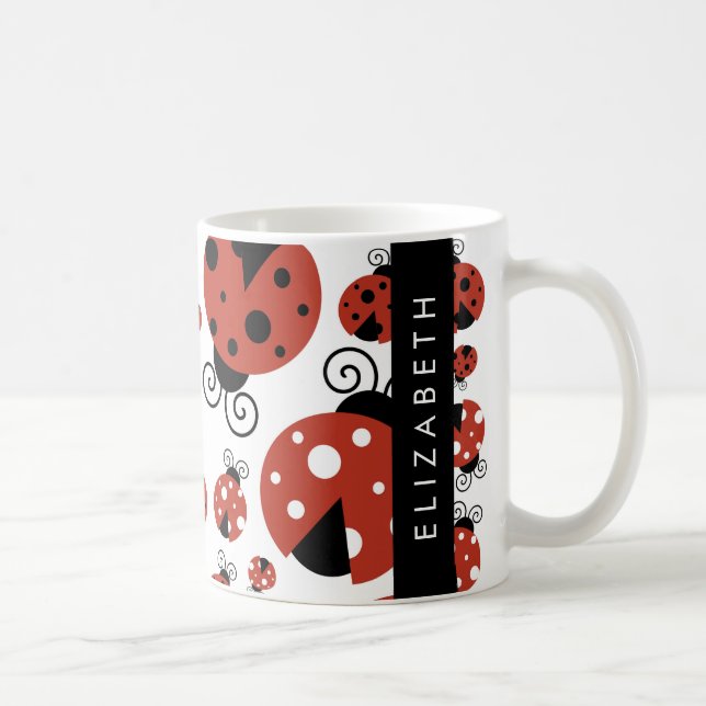 Caneca De Café Padrão De Damybugs, Red Ladybugs, Seu Nome (Direita)