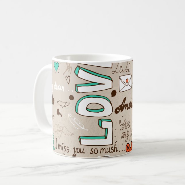 Caneca De Café Padrão de Desenho de Citações de Amor (Frente Esquerda)