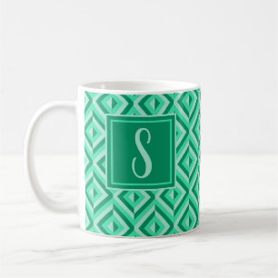 Caneca De Café Padrão De Diamante De Três Tons Verdes Monograma