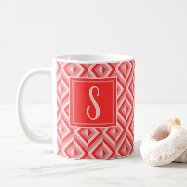 Caneca De Café Padrão De Diamante De Três Tons Vermelho Monograma (Com Donut)