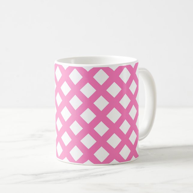 Caneca De Café Padrão de Diamante Xadrez Rosa Branco (Frente Esquerda)