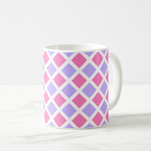 Caneca De Café Padrão de Diamante Xadrez Rosa Roxo (Frente Esquerda)