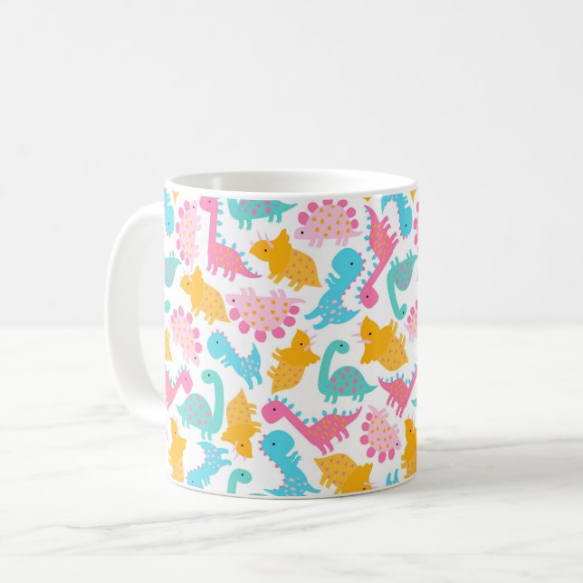 Caneca De Café Padrão de Dinossauro Rosa e Teal Divertido (Frente Esquerda)