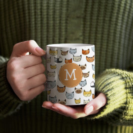 Caneca De Café Padrão de Doodle de Cara de Gato com Monograma