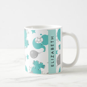 Caneca De Café Padrão De Elefantes Azuis, Estrelas, Seu Nome