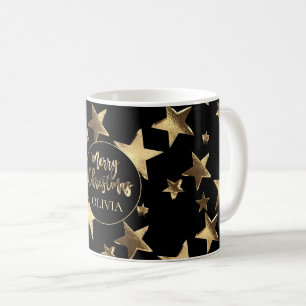 Caneca De Café Padrão de Estrelas Douradas Negras Adicionar Nome