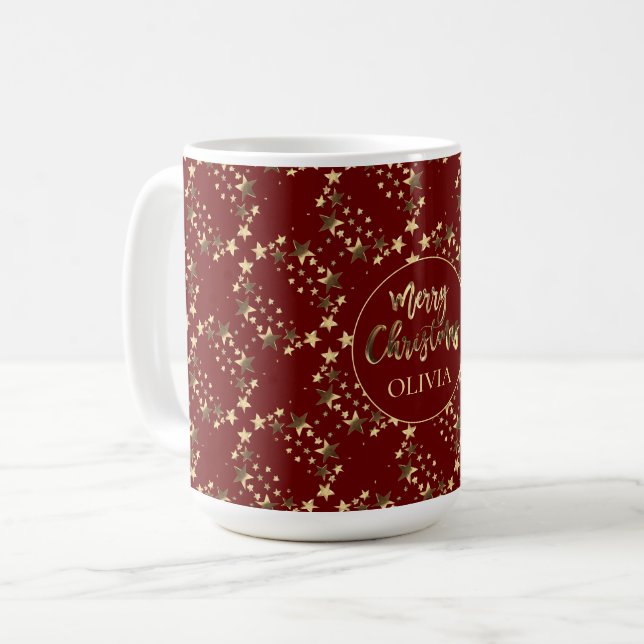 Caneca De Café Padrão de Estrelas Douradas Vermelhas com Nome Fel (Frente Esquerda)