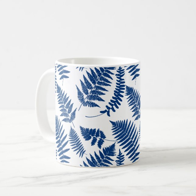 Caneca De Café Padrão de Fern Woodland, Azul Cobalto em Branco (Frente Esquerda)