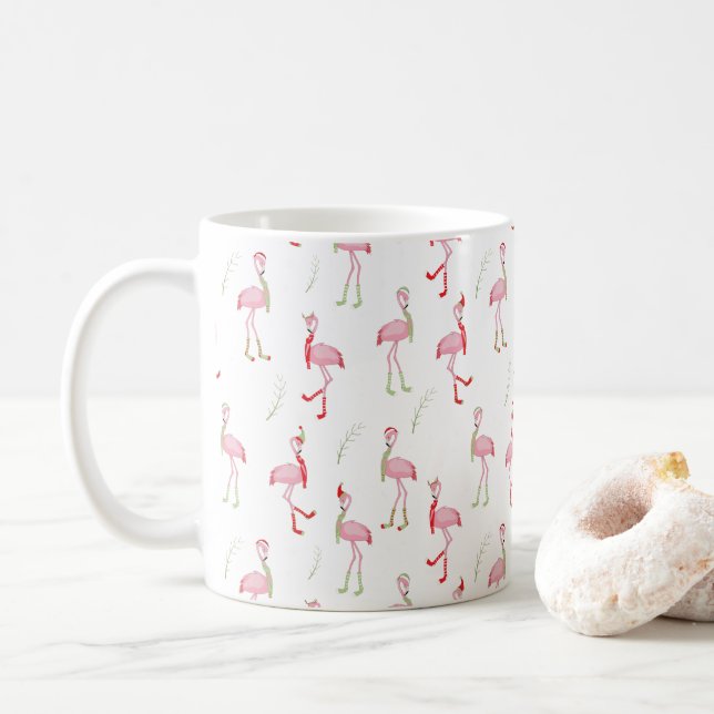Caneca De Café Padrão de Flamingo Rosa-Rosa-Friso de Natal  (Com Donut)