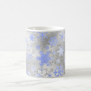 Caneca De Café Padrão de Floco de Neve Azul de Prata Elegante