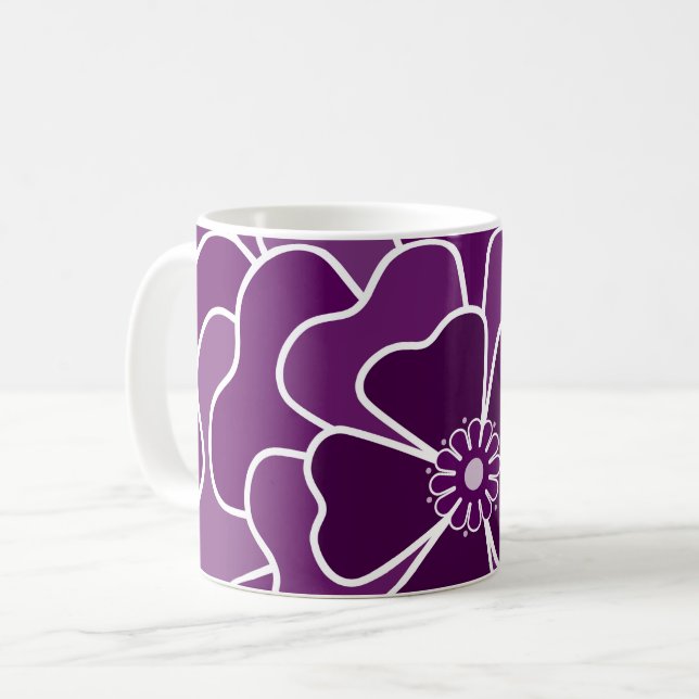 Caneca De Café padrão de flor abstrata roxa escura (Frente Esquerda)