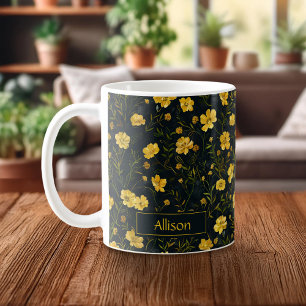 Caneca De Café Padrão de Flor Amarelo Elegante