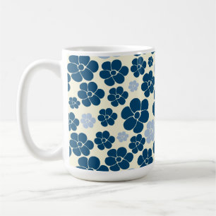 Caneca De Café Padrão de Flor - Azul Escuro, Azul Claro e Creme