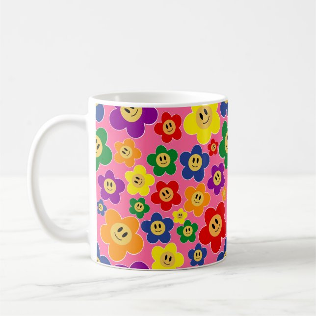 Caneca De Café Padrão de Flor de Arco-Íris LGBT Fofo－Rosa (Esquerda)