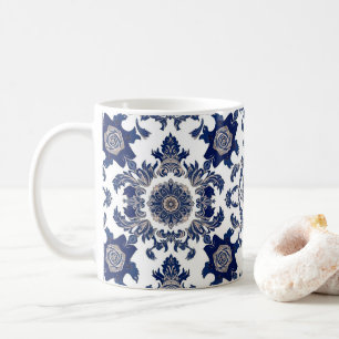 Caneca De Café Padrão de Flor de Damasco Vitoriano Elegante Azul
