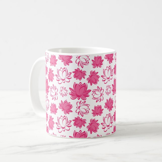 Caneca De Café Padrão de Flor de Lotus Rosa em Fundo Branco (Frente Esquerda)