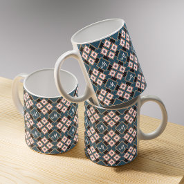 Caneca De Café Padrão de Flor de Monograma Floral Geométrico Mode