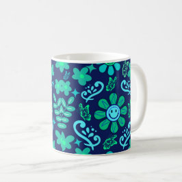 Caneca De Café Padrão de Flor e Símbolo Solar em Estilo Retro Azu