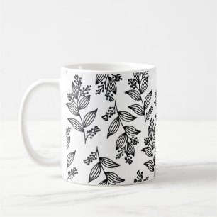 Caneca De Café Padrão de Flor Preto Escuro Botânico Branco