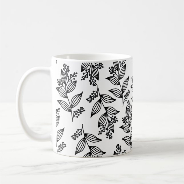 Caneca De Café Padrão de Flor Preto Escuro Botânico Branco (Esquerda)