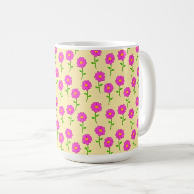 Caneca De Café Padrão de Flor Repetida com Flores Rosa Quente (Frente Esquerda)