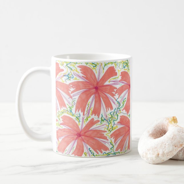 Caneca De Café Padrão de Flor Tropical Sunburst (Com Donut)
