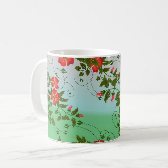 Caneca De Café Padrão de Flor Vermelho e Verde (Frente Esquerda)