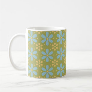 Caneca De Café Padrão de Flores Abstrato Azul e Amarelo