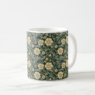 Caneca De Café Padrão de flores amarelas estilizadas em verde esc