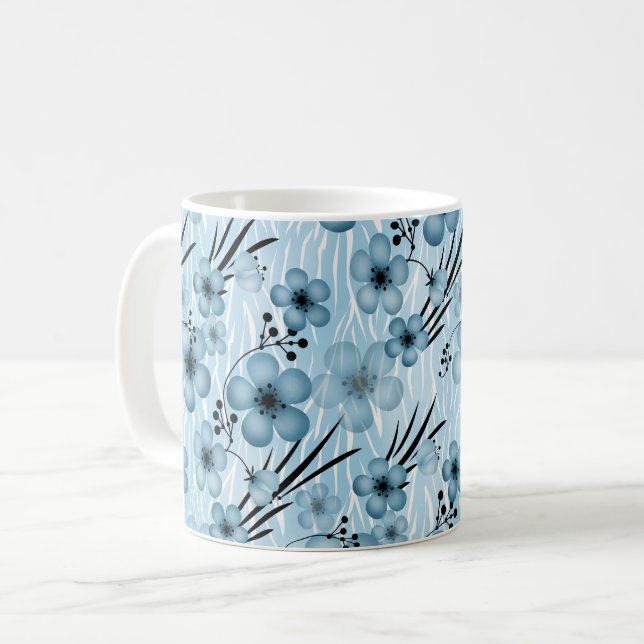 Caneca De Café Padrão de flores azuis em fundo de tigre (Frente Esquerda)