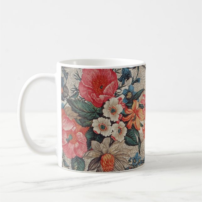 Caneca De Café Padrão de flores brancas laranja vermelho-vivo (Esquerda)