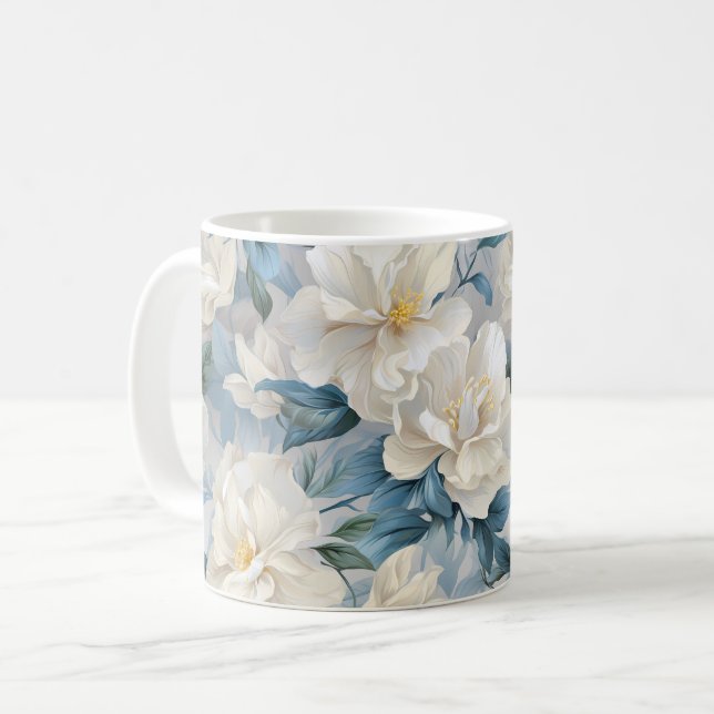 Caneca De Café Padrão de Flores de Gardenia Branca (Frente Esquerda)