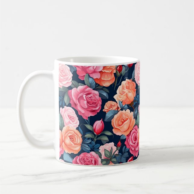 Caneca De Café Padrão de Flores de rosa florescente- 80037 (Esquerda)